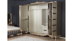Luxury Art Deco <b>Solid</b> Teak <b>Wood</b> Bedroom Set King Size Bed Mirrored Wardrobe 2 Nightstands <b>Dressing</b> <b>Table</b> Luxury Furniture - Product Image 4