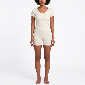 Ensemble de yoga unisexe 2 pièces sans couture en spandex et nylon à carreaux, taille haute élastique, haut à manches courtes et short - Product Image 1