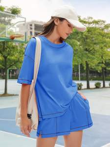 Conjunto de Dos Piezas para Mujer, Verano, Camiseta de Manga Corta y Pantalones Cortos, Ecológico, Transpirable, Informal, para Estar en Casa - Product Image 5