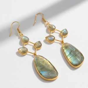 ต่างหูลาบราดอไรต์ธรรมชาติ |   รูปทรงลูกแพร์ แบบแฟนซีคัท |   เงินแท้ 925 ชุบทอง 18K |   ต่างหูแบบติดหูขนาด 6 นิ้ว น้ำหนัก 22 กรัม - Product Image 5