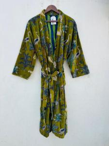 Kimono unisexe en velours, robe longue en coton, manches longues, col en V, fermeture à cordon, style classique, tissu tissé doux, motif floral - Product Image 1