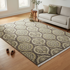 Tapis en laine noué à la main, marron et or, motif médaillon traditionnel, tapis oriental pour la décoration moderne du salon - Product Image 1