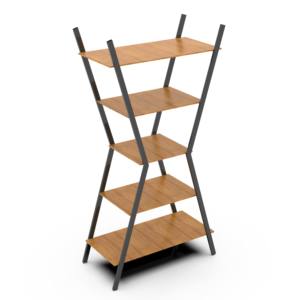 Bibliothèque ouverte moderne avec étagères en bois et structure sculpturale en acier inoxydable, unité de rangement verticale pour la décoration d'appartement - Product Image 3