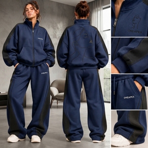 Conjunto Deportivo para Mujer, Sudadera con Capucha y Cremallera Azul Marino y Negro, Estampado Minimalista, Pantalones Jogger Oversize con Bloques de Color - Product Image 4
