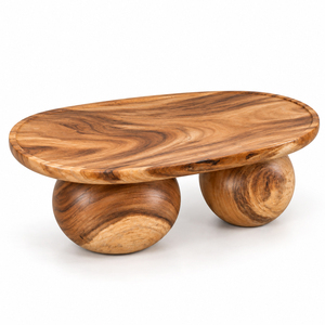 Table basse contemporaine sculpturale en bois de Suar naturel de qualité export, plateau ovale avec deux bases sphériques, vente en gros - Product Image 2