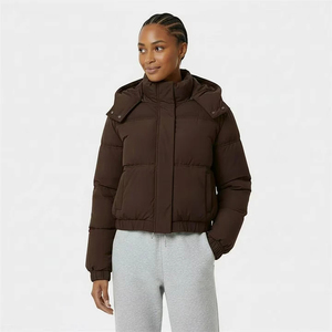 Veste matelassée marron à capuche pour femme, manteau d'hiver épais à fermeture éclair, vêtement d'extérieur court décontracté, coupe-vent et chaud - Product Image 4