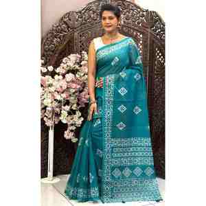 DISEÑADOR LINO SEDA IMPRESIÓN DIGITAL TRABAJO SAREE CON BLUSA DESCOSADA SKY - Product Image 1