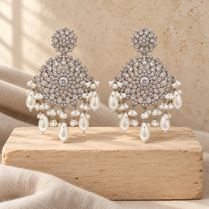 Silver Plated Clear Stone Floral Chandelier Earrings with Faux Pearl Drops <b>Pakistani</b> Bridal <b>Jewelry</b> Wholesale Manufacturer - Product Image 2