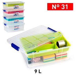 Scatola portaoggetti in plastica da 9 litri con coperchio e divisori per l'organizzazione di forniture per ufficio - Product Image 1