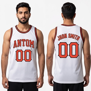 Camiseta de Baloncesto Blanca Personalizada con Ribete Naranja y Negro, Malla Transpirable, Uniforme de Equipo, Ropa Deportiva de Secado Rápido para Hombre, Nombre, Número, Logotipo, OEM, ODM - Product Image 1