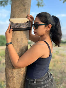 New Elegant Western Style Hair on Hide Tooled Fur Leather Clutch Women Designed <b>Purse</b> Hot Selling Tooled Leather Zipper Wallet - Product Image 2