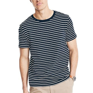 T-shirt en coton premium bleu marine chiné, coupe décontractée, col rond, manches courtes, vente en gros - Product Image 4