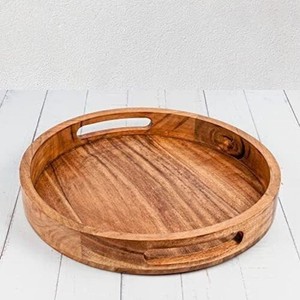 Plateau de service rond en bois fait main, plat décoratif moderne pour table, artisanat en bois - Product Image 1