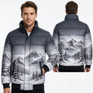 Men's Winter Puffer <b>Jacket</b> Snow Mountain Print Stand Collar Zipper Closure Windproof Casual Thick Polyester Material - Product Image 1