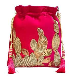 Handmade <b>Red</b> Silk <b>Purse</b> with Gold Embroidery Crafts Tassels Rectangular Shape Flower Theme Wedding Decoration Gift - Product Image 1