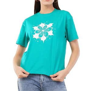 T-shirt décontracté pour femme, col rond, manches courtes, imprimé floral vert sarcelle, coupe ample, printemps-été, 100 % coton jersey tricoté - Product Image 1