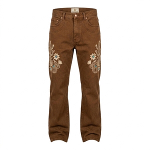 Jeans de Mezclilla de Pierna Recta Dravelle Industry, Color Marrón, Diseño Floral de Cactus Bordado, Estilo Casual de Primavera para Hombre - Product Image 1