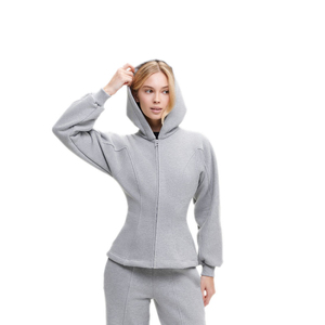 Ensemble de survêtement gris à capuche et fermeture éclair pour femme, coupe ajustée, en molleton bouclette, veste à manches longues et pantalon, vêtements de sport décontractés - Product Image 3
