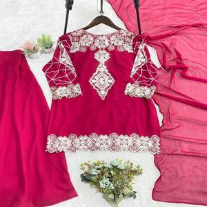 Conjunto de Traje Palazzo VASTRA COTTAGE con Top Kurti Bordado con Lentejuelas, Talla Única, Palazzo y Dupatta Cosidos, Ropa Étnica - Product Image 1