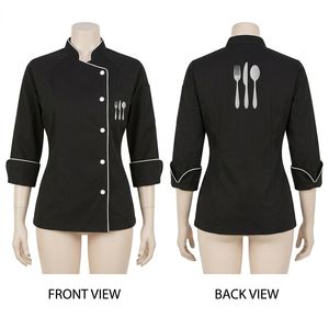 Women <b>Chef</b> Uniform 200 GSM Premium Poly Cotton <b>White</b> Black Piping Short Sleeve Custom Embroidery Printed Logo Kitchen Wear Set - Product Image 2