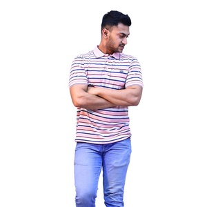 Người đàn ông thường xuyên phù hợp với một nửa tay áo Polo T-Shirt, sọc, giàu bông gân cổ áo đào với Hải Quân và sọc trắng. - Product Image 3