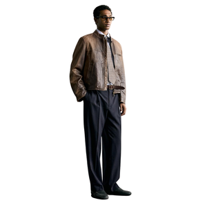 Blouson Homme Vintage Marron en Cuir Véritable avec Fermeture Éclair, Col Montant à Boutons Pression, Poche Poitrine, Coupe Ajustée, Style Streetwear Personnalisé - Product Image 5