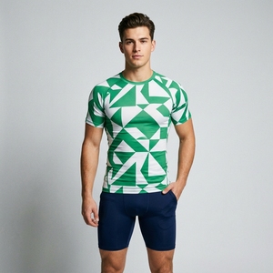 Men's Quick Dry Compression Sport Shirt Short Sleeve Geometric Pattern Slim Fit O-Neck Workout Top - Product Image 1