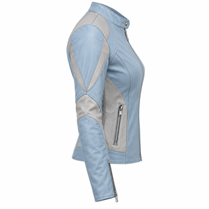 Light Blue <b>Leather</b> <b>Jacket</b> <b>Woman</b> Two Tone Sky Grey Panel Stand Collar Biker Outerwear Zipper Pocket Slim Fit Custom Racing <b>Moto</b> - Product Image 3
