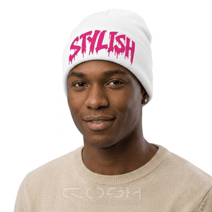 หมวกบีนนี่สีขาวทรงทันสมัยจาก Cosh International พร้อมตัวอักษรสีชมพูแบบหยดน้ำ หมวกสไตล์สตรีทสำหรับทุกเพศ หมวกบีนนี่ถักลายแบบกำหนดเอง - Product Image 4