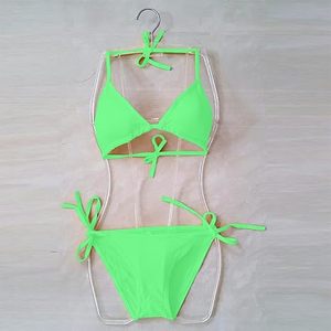 High Quality Women's Sexy Green <b>Bikini</b> Set Solid Color Halter Tie Back Straps Women Swimwear - Product Image 5