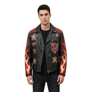 Blousons de motard en cuir noir et rouge avec motifs de flammes sur les manches, badges de course et surpiqûres décoratives - Product Image 1