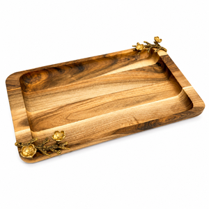 Plateau de service rectangulaire de luxe en bois d'acacia avec accents floraux dorés aux coins, plateau décoratif en bois - Product Image 1