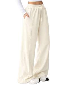 Customized <b>White</b> Women Wide Leg Fleece Sweatpants Elastic Waist Drawstring Casual Loose Fit Jogger Trousers Soft Lounge Wear - Product Image 1