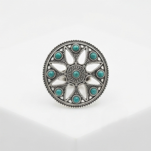 DIVYORO Flower Pattern Cocktail <b>Ring</b> with Turquoise Stones Brass Oxidized Silver Plated Bohemia Style Party - Product Image 1