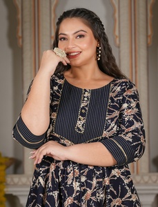 Women's <b>Plus</b> <b>Size</b> Rayon Anarkali Kurta Blue Abstract Printed Round Neck Three Quarter Sleeves Comfortable Daily Wear - Product Image 1