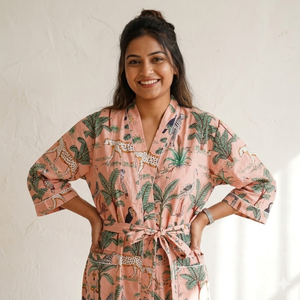 เสื้อคลุมกิโมโนผ้าฝ้ายพิมพ์ลายซาฟารีสำหรับผู้หญิง |   ชุดคลุมอาบน้ำพิมพ์ลายสัตว์ป่าสีชมพู |   ชุดนอนแขนยาวคอวี - Product Image 4