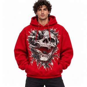 Sudadera con Capucha Extra Grande Roja para Hombre, Sudadera de Felpa con Calavera y Pedrería, Estilo Hip Hop - Product Image 1