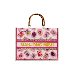 กระเป๋าโท้ทปักมือลายมะจอง สีชมพูขาว หูจับไม้ไผ่ แฟชั่นทันสมัย ใช้ได้ทุกฤดู กระเป๋าช้อปปิ้งสั่งทำพิเศษ ประดับลูกปัดทำมือ - Product Image 1