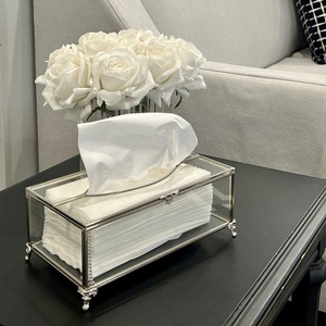 Wholesale Luxury Rectangle Home Decor Silver Metal Framed Plain Glass Tissue <b>Box</b> with Elegant Feet and Clasp Tissue Holder <b>Box</b> - Product Image 1