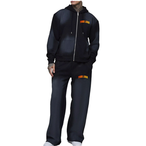 Ensemble survêtement homme noir personnalisé avec sweat à capuche zippé et pantalon de jogging oversize, deux pièces assorties, style streetwear et sportswear décontracté - Product Image 6