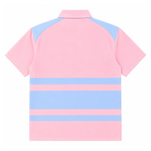 Chemise boutonnée personnalisée Gamma Phi Delta avec logo brodé sur le devant, rayée rose et bleu ciel, pour vêtements grecs féminins. - Product Image 3