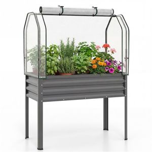 Fioriera Rialzata 3-in-1 in Metallo Grigio con Copertura Mini Serra, Comoda Aiuola Rialzata - Product Image 1