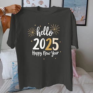 T-shirt en coton pour femme, col rond, manches courtes, imprimé, 100% coton pur, coupe classique, Happy New Year 2025 - Product Image 3