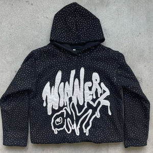 <b>Mens</b> <b>Black</b> Rhinestone Graphic Hoodie Oversized Pullover Hooded Sweatshirt Streetwear Casual Fleece Hoodie - Product Image 1