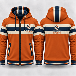 Sudadera con capucha negra para hombre con cremallera completa, ribete azul en contraste, poliéster French Terry, chaqueta con capucha y cremallera completa, sublimación, estilo deportivo casual urbano - Product Image 1