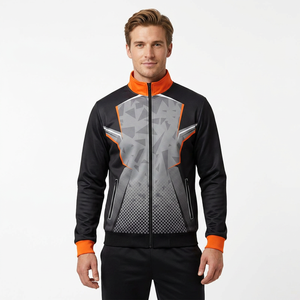 Unisex Sporty Racer <b>Jacket</b> Long Hooded <b>Grey</b> Black Orange Color Blocking Sublimation Print Breathable Zipper Front Winter - Product Image 3