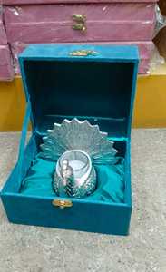 Handcrafted Silver Oxidized Peacock Metal Diya Oil Lamp and <b>Tea</b> <b>Light</b> Candle Holder Set in Royal Teal Blue Velvet Gift Box - Product Image 2