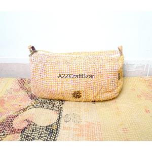 Kantha Quilted Eco-Friendly Waterproof Vintage Cosmetic Organizer <b>Makeup</b> Pouches Durable Zipper Tassel Soft Handle Cotton Fabric - Product Image 6