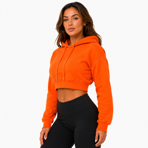 Custom <b>Women's</b> Solid Color <b>Crop</b> Hoodie 100% Cotton Fleece Breathable Loose Fit Drawstring Pullover Hooded Elastic Autumn Knitted - Product Image 5