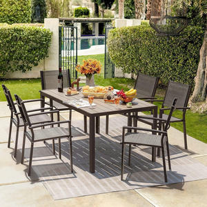 Modern Convertible 6-Piece Outdoor Dining Set with Rectangle Steel Frame <b>Wood</b> <b>Top</b> <b>Table</b> & 6 Chairs for Hotel & Patio Use - Product Image 2